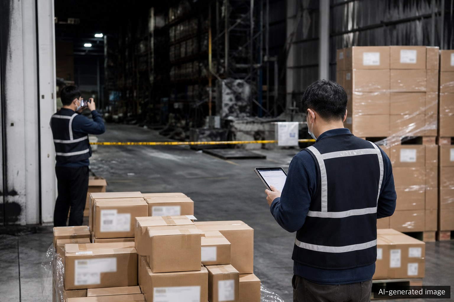 A recovery team checking inventory and packaging-video evidence after a 3PL warehouse fire