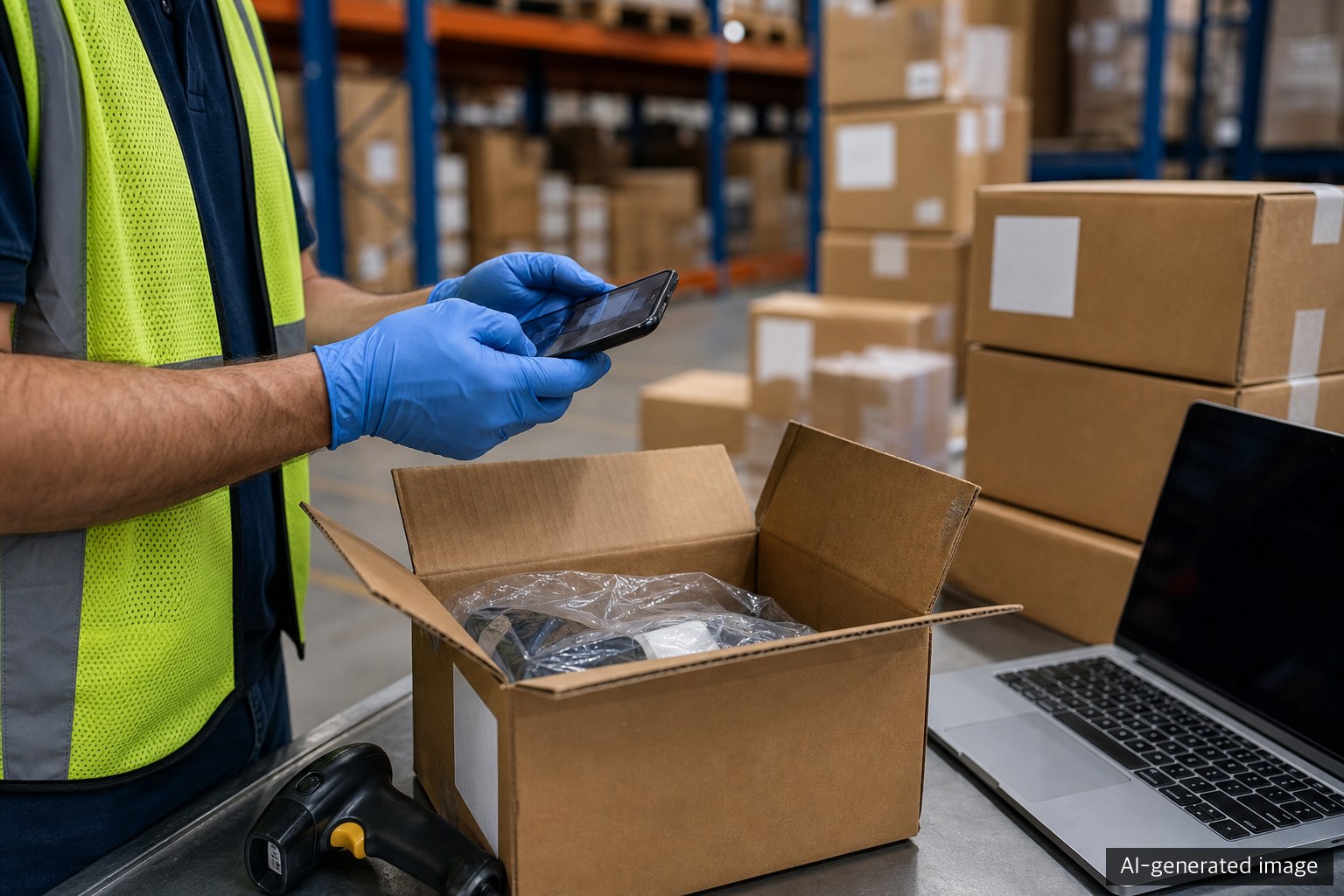 A logistics worker recording package condition and inventory evidence independently