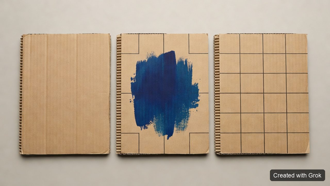 AI 생성 개념 이미지 · Created with Grok: 일반 골판지 인쇄 시험용 판재. Agfa 고객의 실제 생산·검사 결과가 아니다