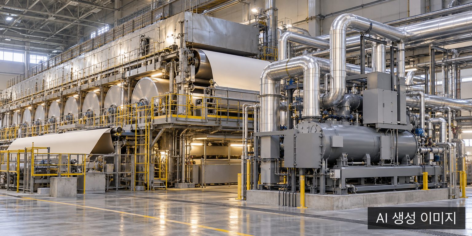 AI-generated illustration of a paper dryer and heat-recovery piping; not a photograph of Ajin P&P equipment