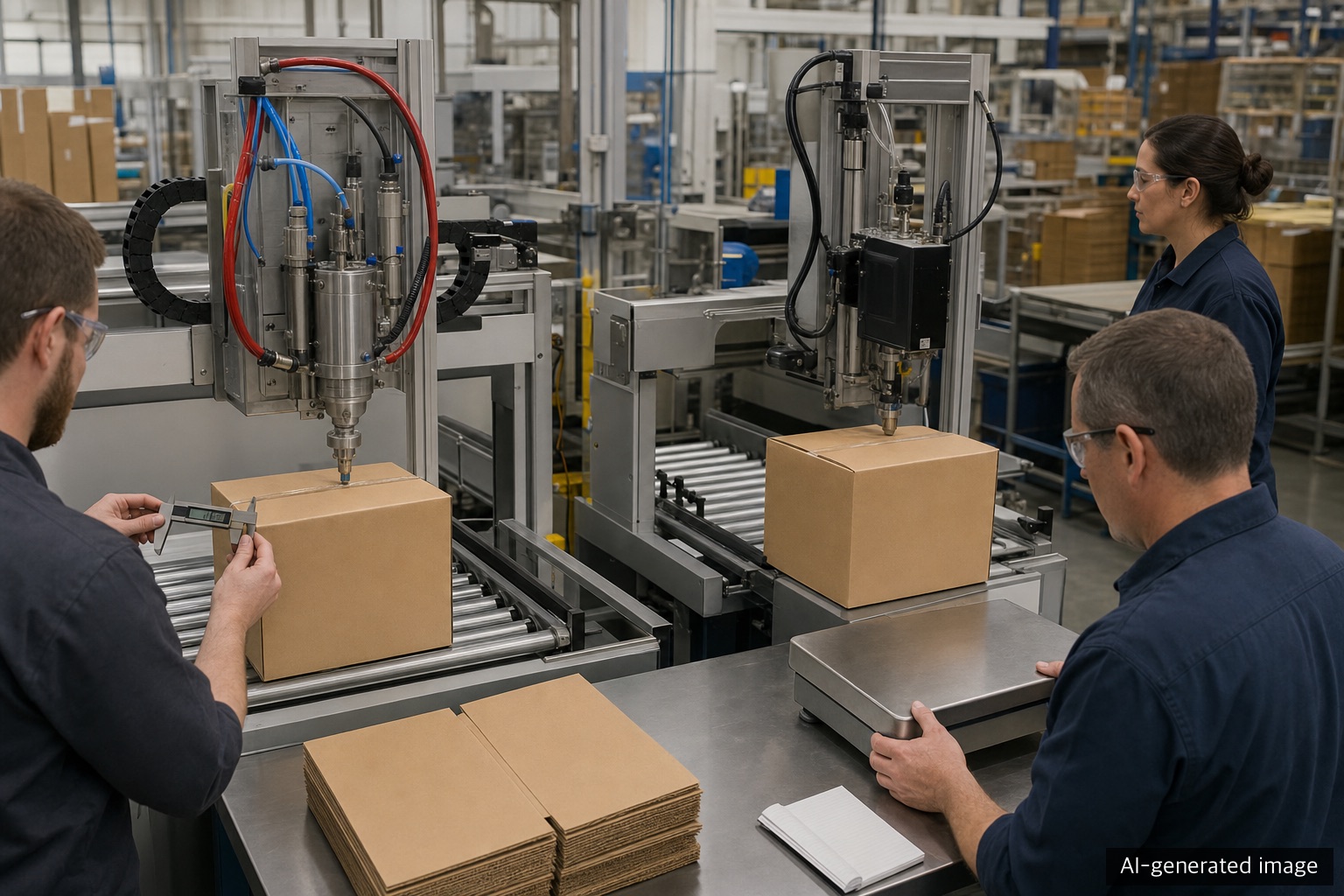 A/B test stations comparing pneumatic and all-electric dispensing on identical corrugated cartons