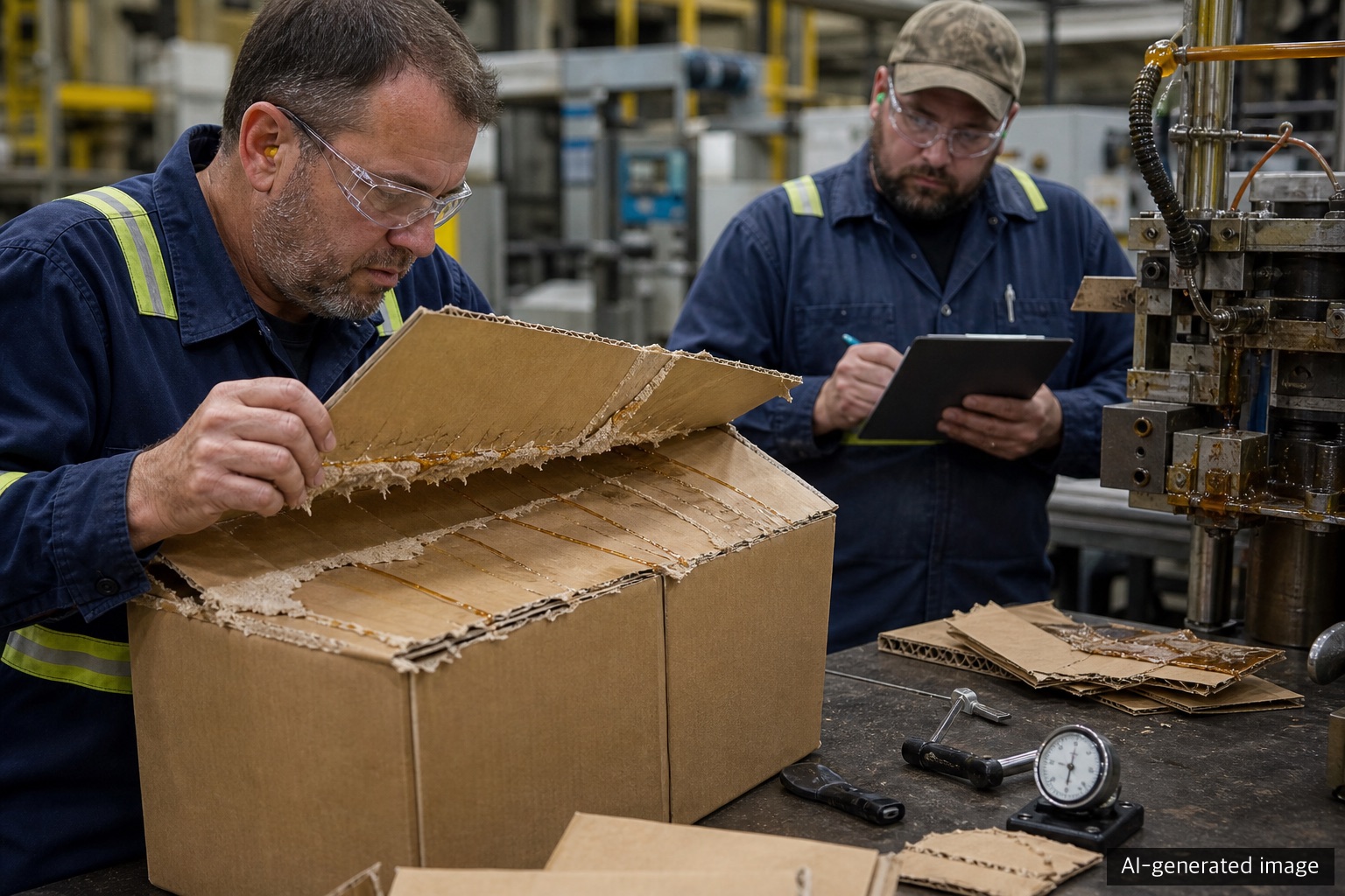 Quality inspectors opening sealed flaps to check fiber tear, missed bonds, and stringing