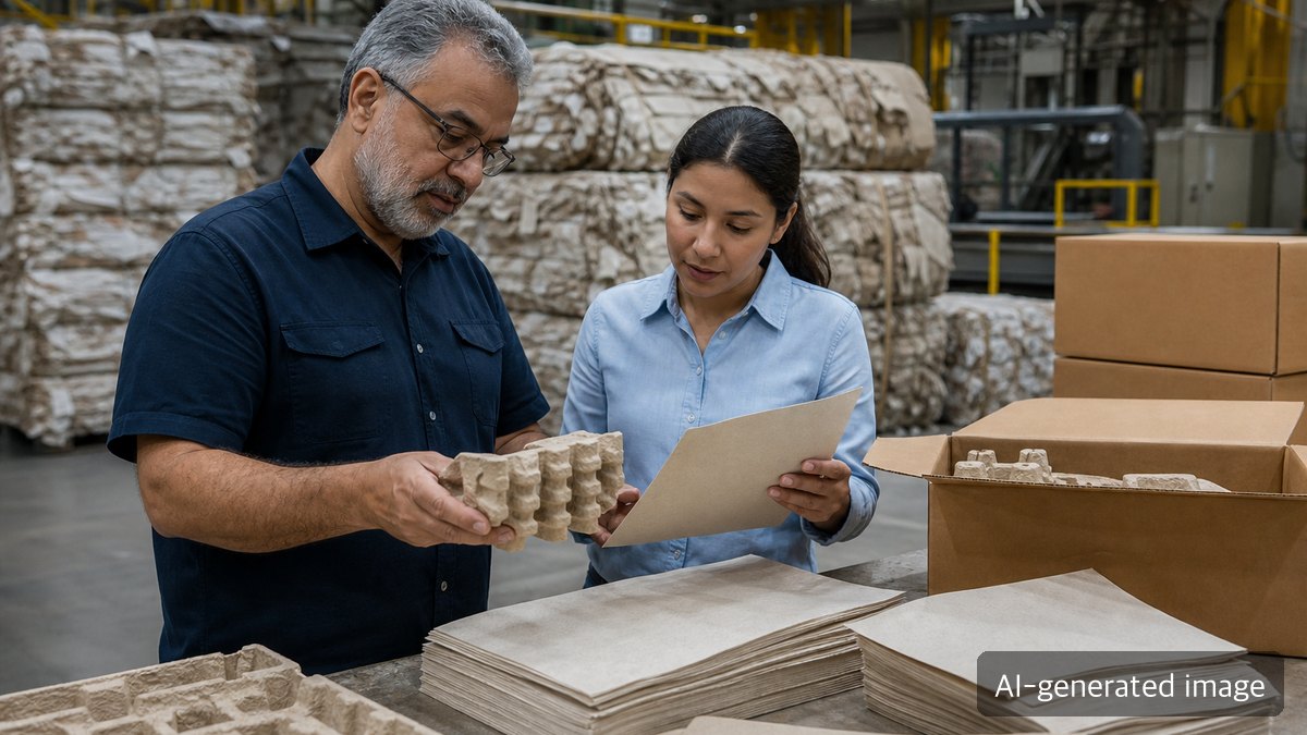 Packaging engineers reviewing alternative fiber and recycled fiber samples against practical quality criteria