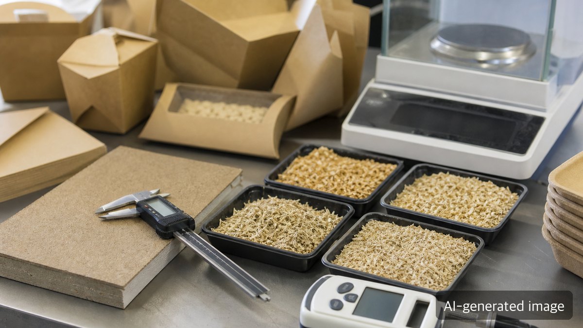 Alternative fiber paperboard and packaging samples being checked for strength, moisture, and converting performance