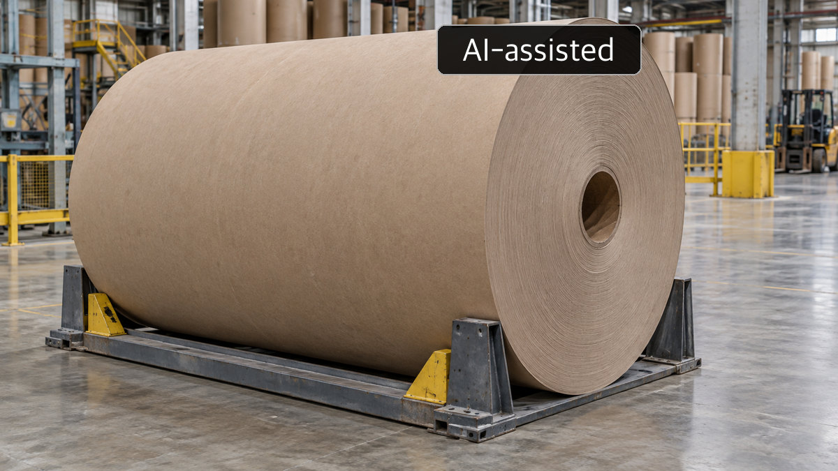 AI-generated conceptual image: Conceptual large paperboard reel resting on a supported cradle; not a photograph of Anhui Linping PM9