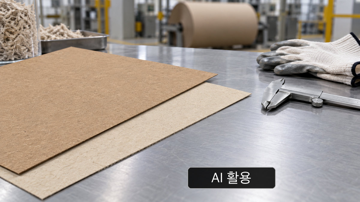 AI 생성 개념 이미지: 평평한 무인쇄 라이너·골심지 원지 시편 두 장과 캘리퍼·장갑을 놓은 일반 검사대; PM9의 생산품이나 시험 성적이 아님