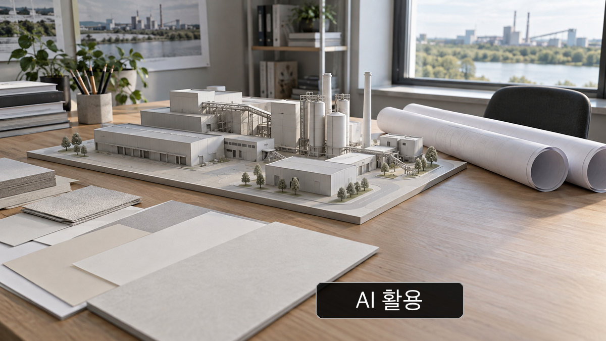 AI 생성 개념 이미지: 무표기 산업시설 축소 모형을 놓은 계획 검토 작업대; PM9 설치·완공의 증거가 아님