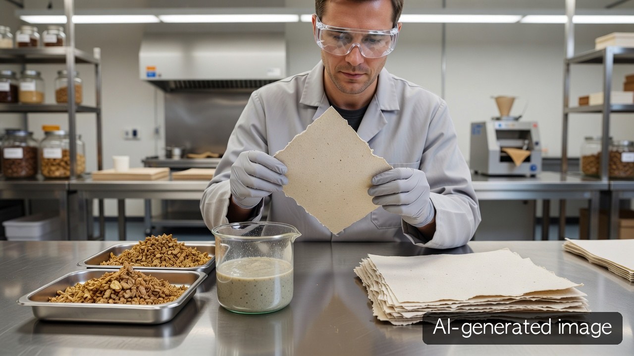 AI-generated laboratory image of apple pomace and wood-pulp handsheets being inspected