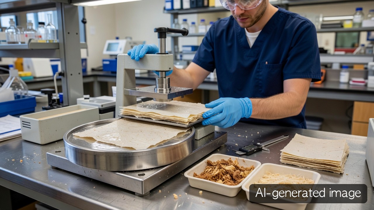 AI-generated laboratory image of apple-pomace fiber and wood pulp being formed into handsheets