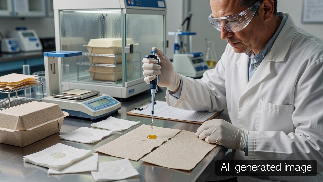 AI-generated laboratory image of water and grease barrier screening on apple-pomace paper samples and formed packs