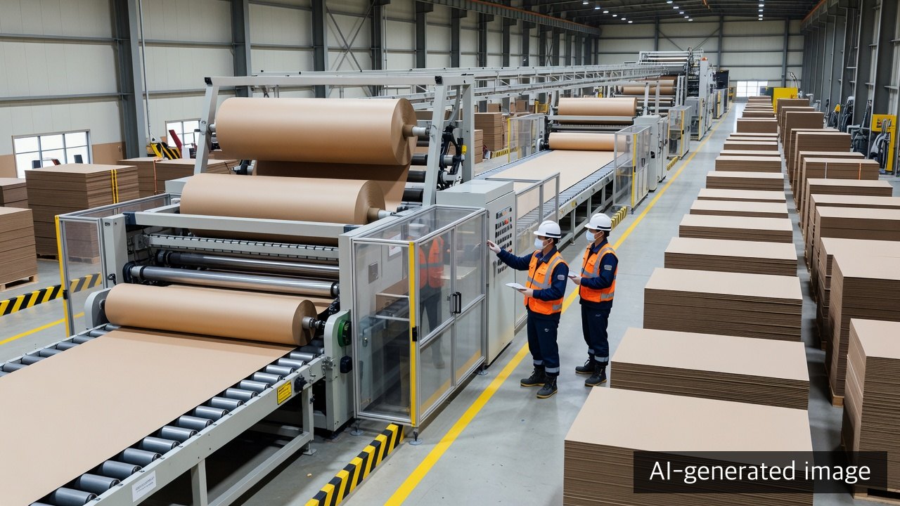 AI-generated industrial view of a corrugator line and stacked corrugated sheets inside a newly built packaging plant