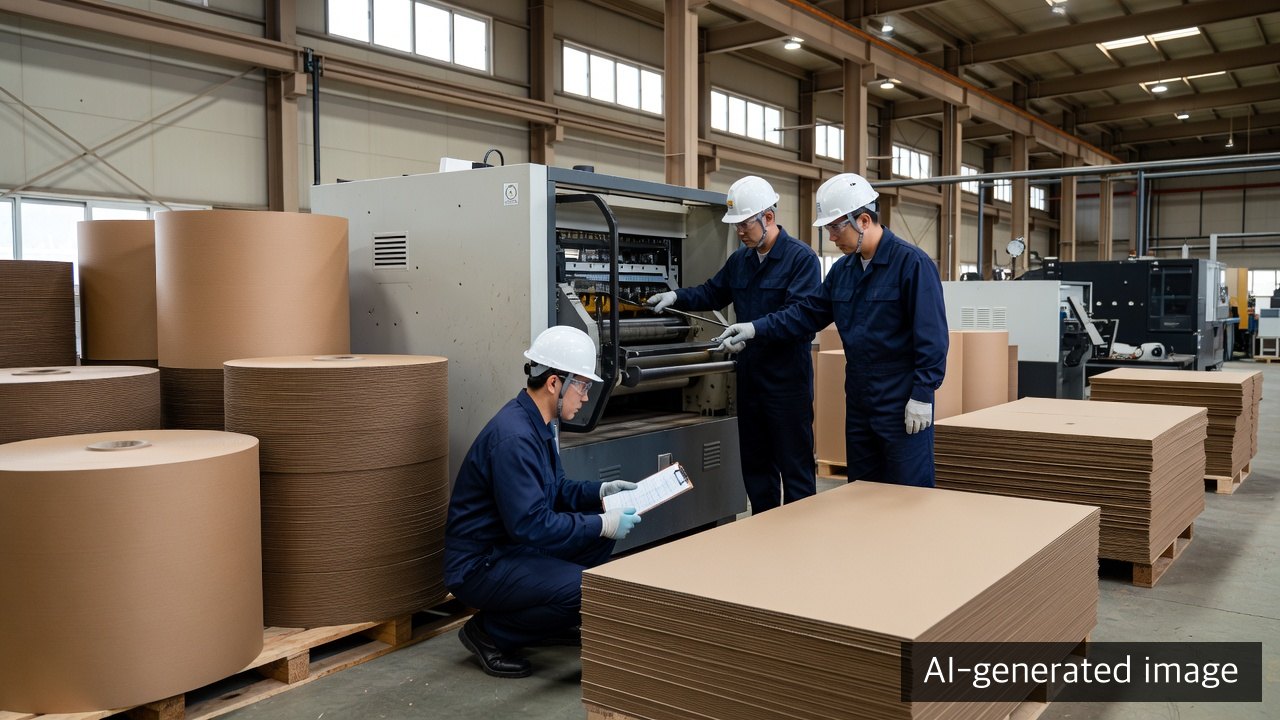 AI-generated illustrative view of engineers checking equipment acceptance and commissioning inside a new corrugated plant