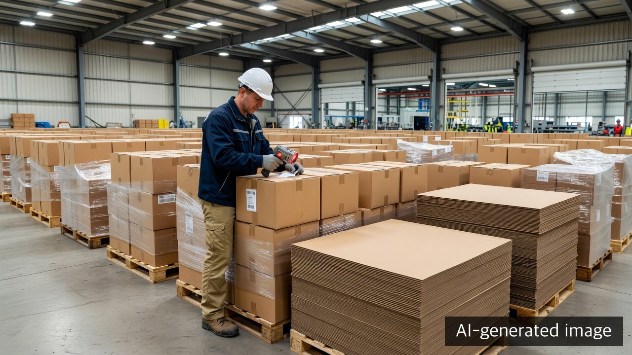 AI-generated illustrative view of a quality manager checking pallet and shipment status in a new corrugated-box warehouse