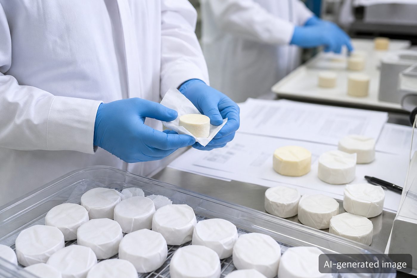 Food packaging lab reviewing paper packaging samples and safety documents for small cheese portions