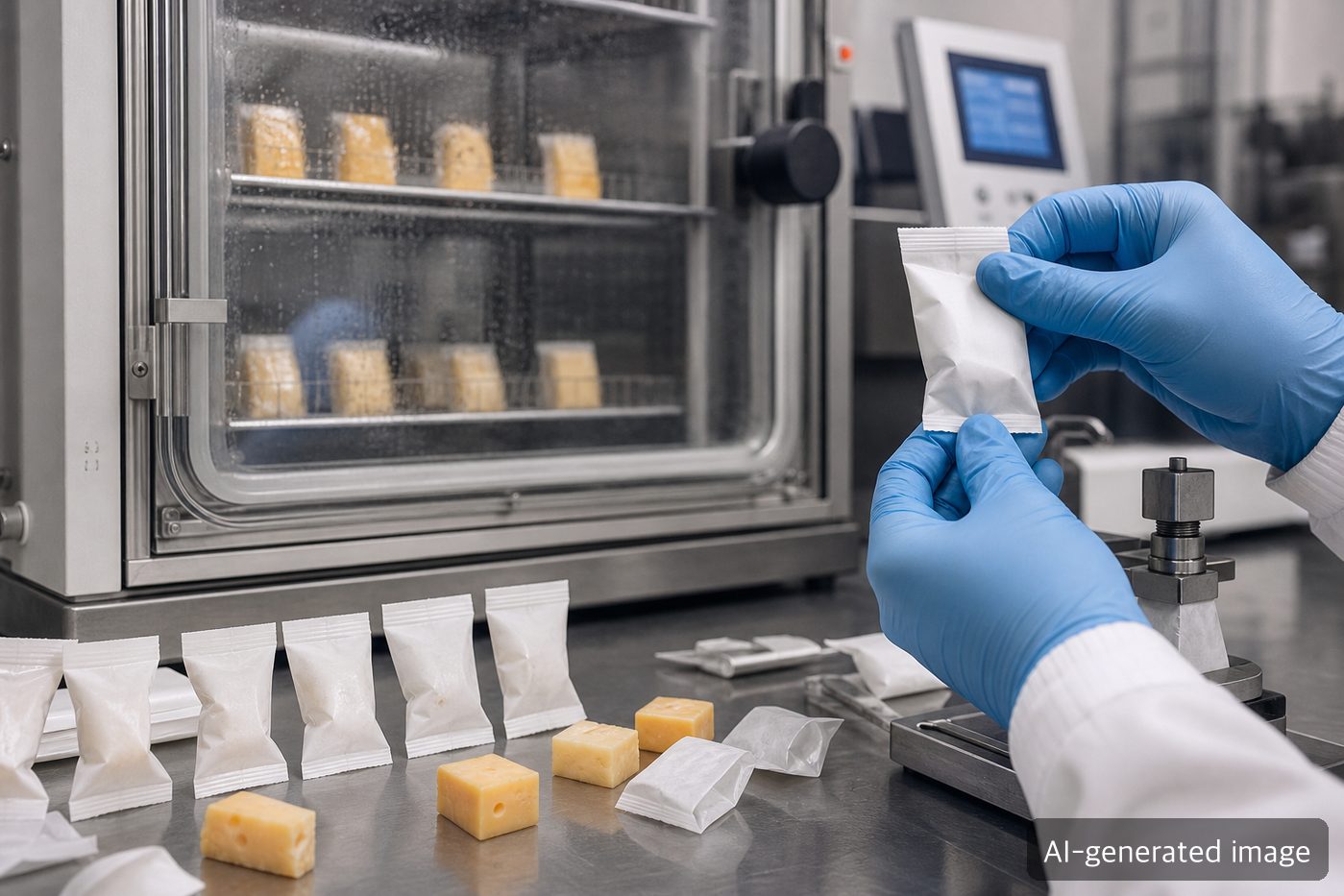 Small cheese snack paper packaging samples being tested for seal strength, moisture behavior, and opening quality