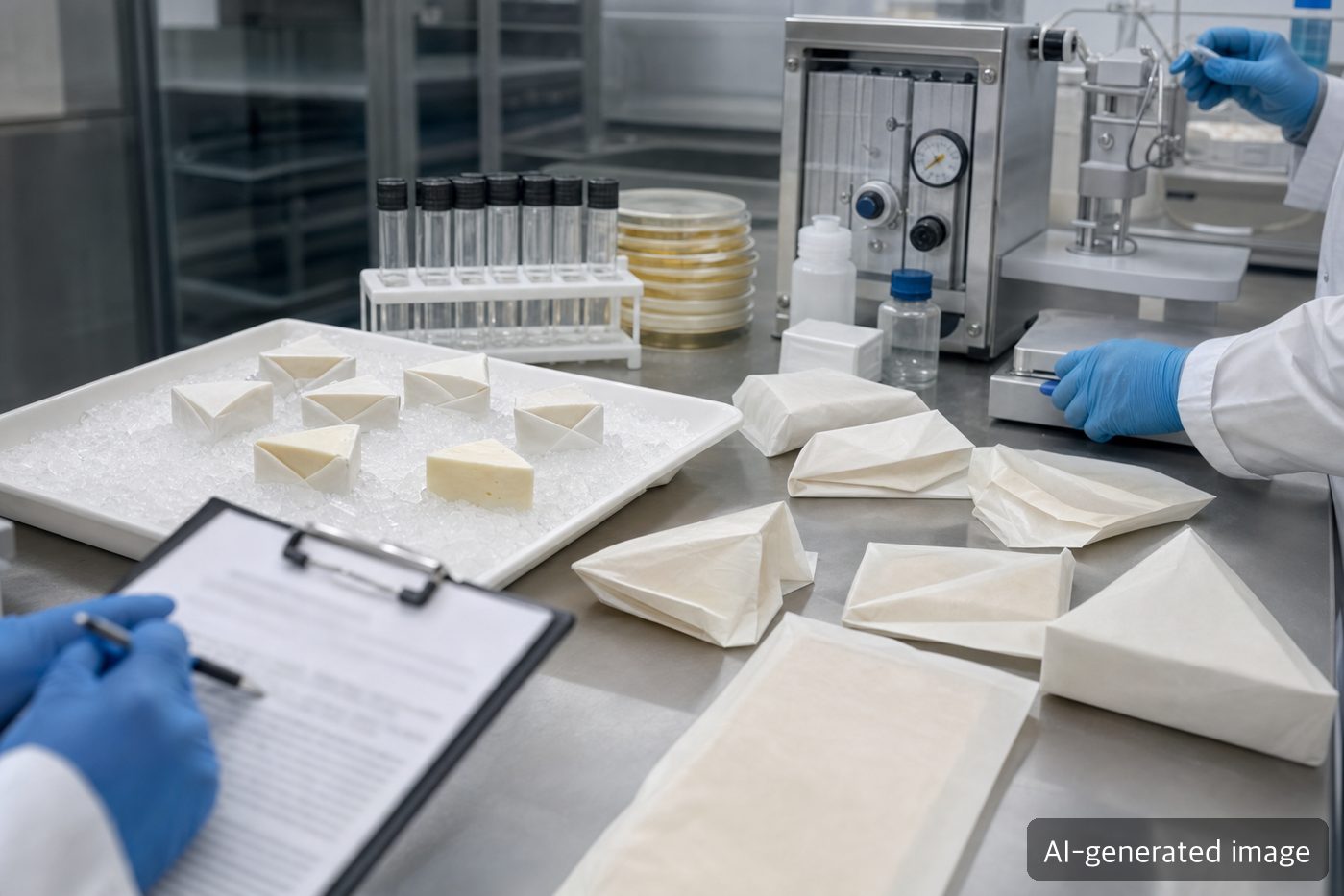 Food packaging quality team reviewing paper small-pack samples and chilled distribution test results