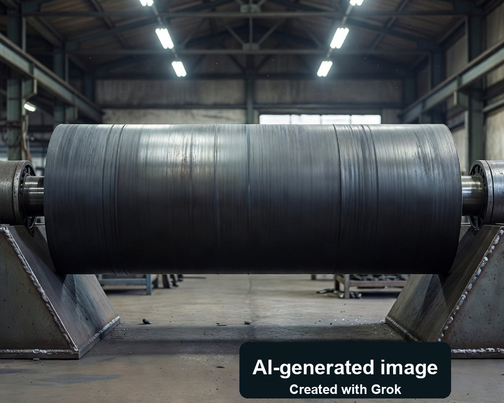 AI-generated photoreal scene of a generic industrial roll workshop; not actual Bellmer or Rolotipo equipment