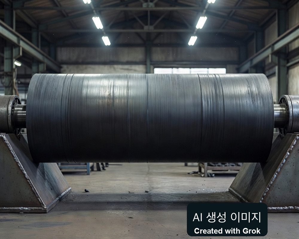 AI 생성 실사풍 재현: 일반 제지 롤을 보관하는 정비 작업장. Bellmer·Rolotipo 실제 설비 사진 아님