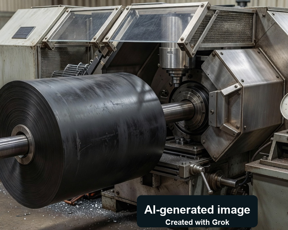 AI-generated photoreal scene of generic roll-grinding equipment and inspection gauge; not a Rolotipo facility