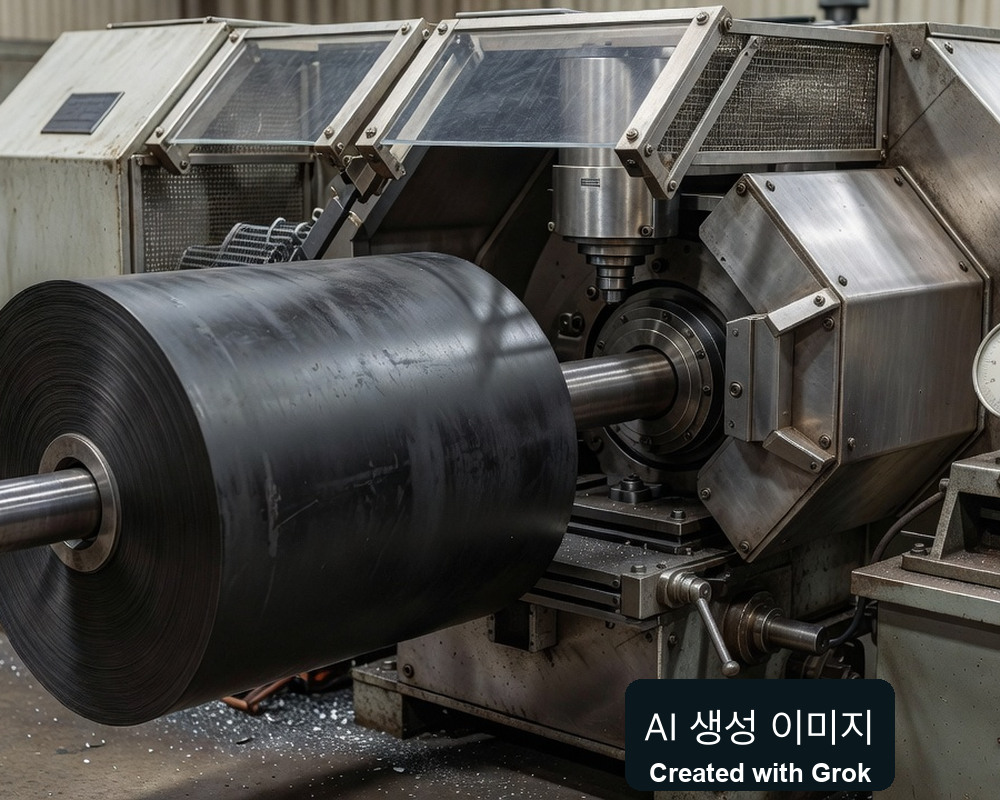 AI 생성 실사풍 재현: 일반 롤 연마 설비와 검사 게이지. Rolotipo 현장 사진 아님