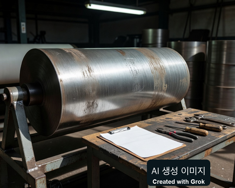 AI 생성 실사풍 재현: 일반 롤 정비 작업장의 공구와 빈 점검표. 인수 종결·운영 통합 기록 아님