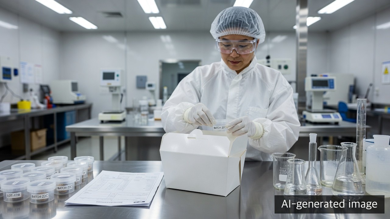 Quality technician reviewing a paper food container and retained samples