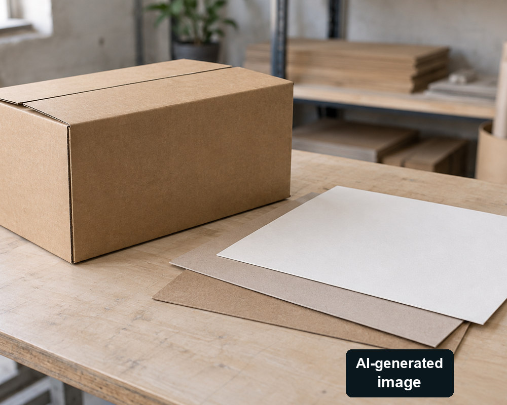 AI-generated generic corrugated carton and paper sheets; not proof of lightweighting performance