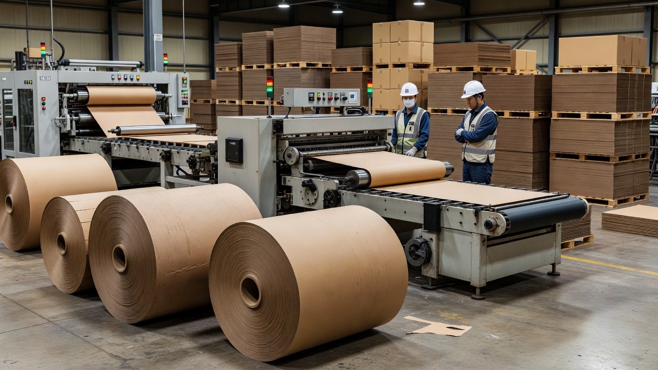 Paper reels, a corrugated production line and finished pallets inside a packaging plant