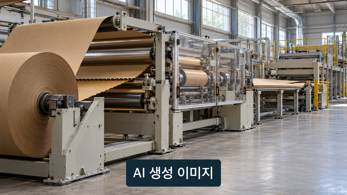 브랜드 표시가 없는 골판지 생산라인과 원지 롤 개념 장면