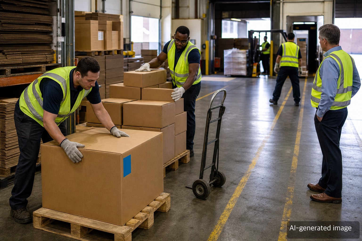 Warehouse workers staging corrugated boxes on pallets before loading