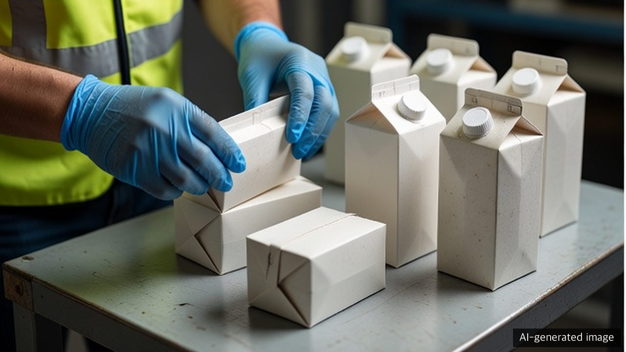 Unbranded carton samples being inspected by gloved hands in an industrial review setting