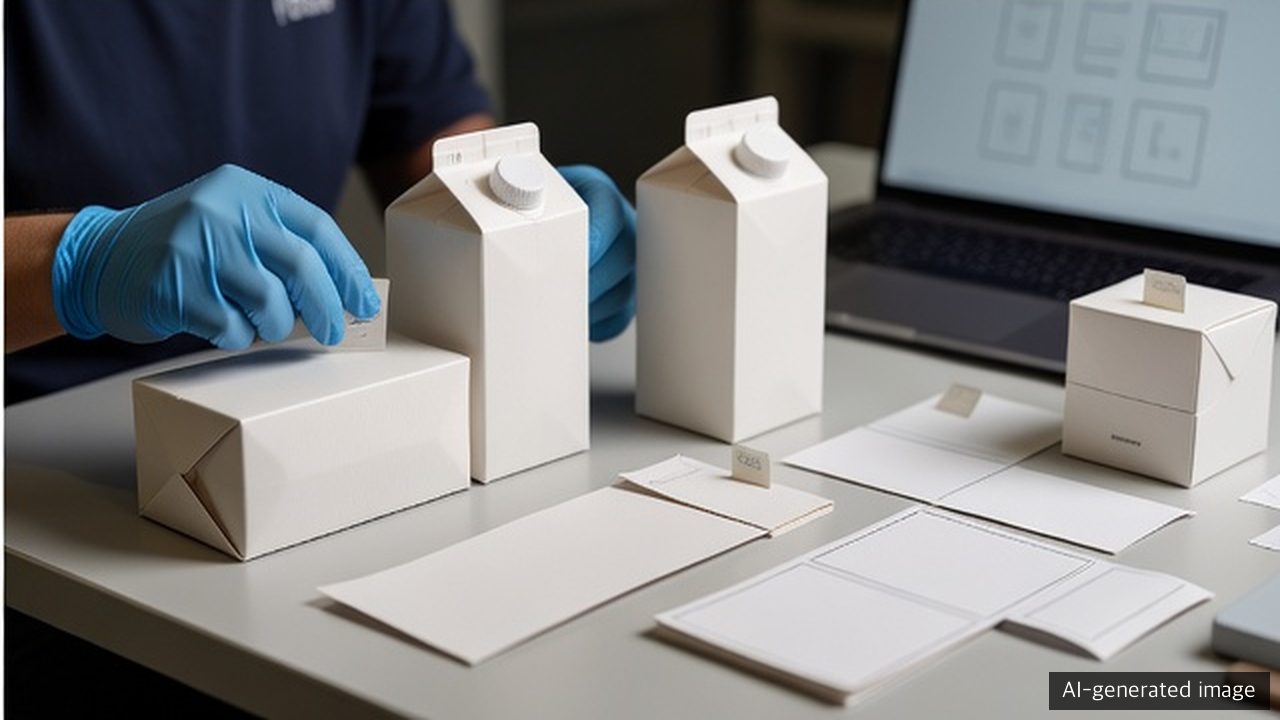 Packaging compliance desk reviewing carton artwork proofs and claim notes