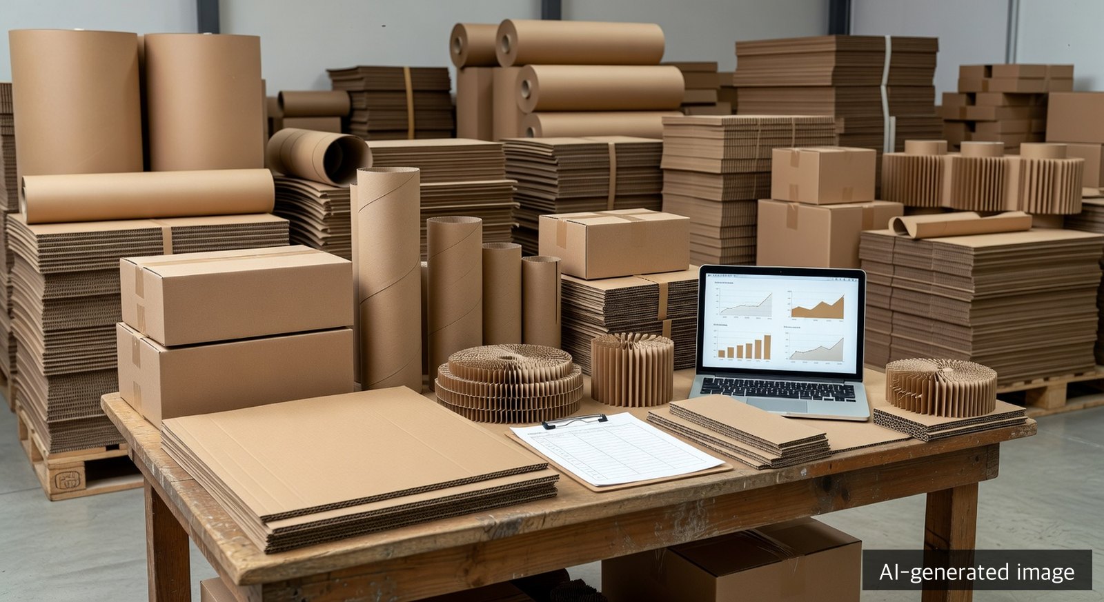 Workspace with export packaging regulation documents and packaging samples under review