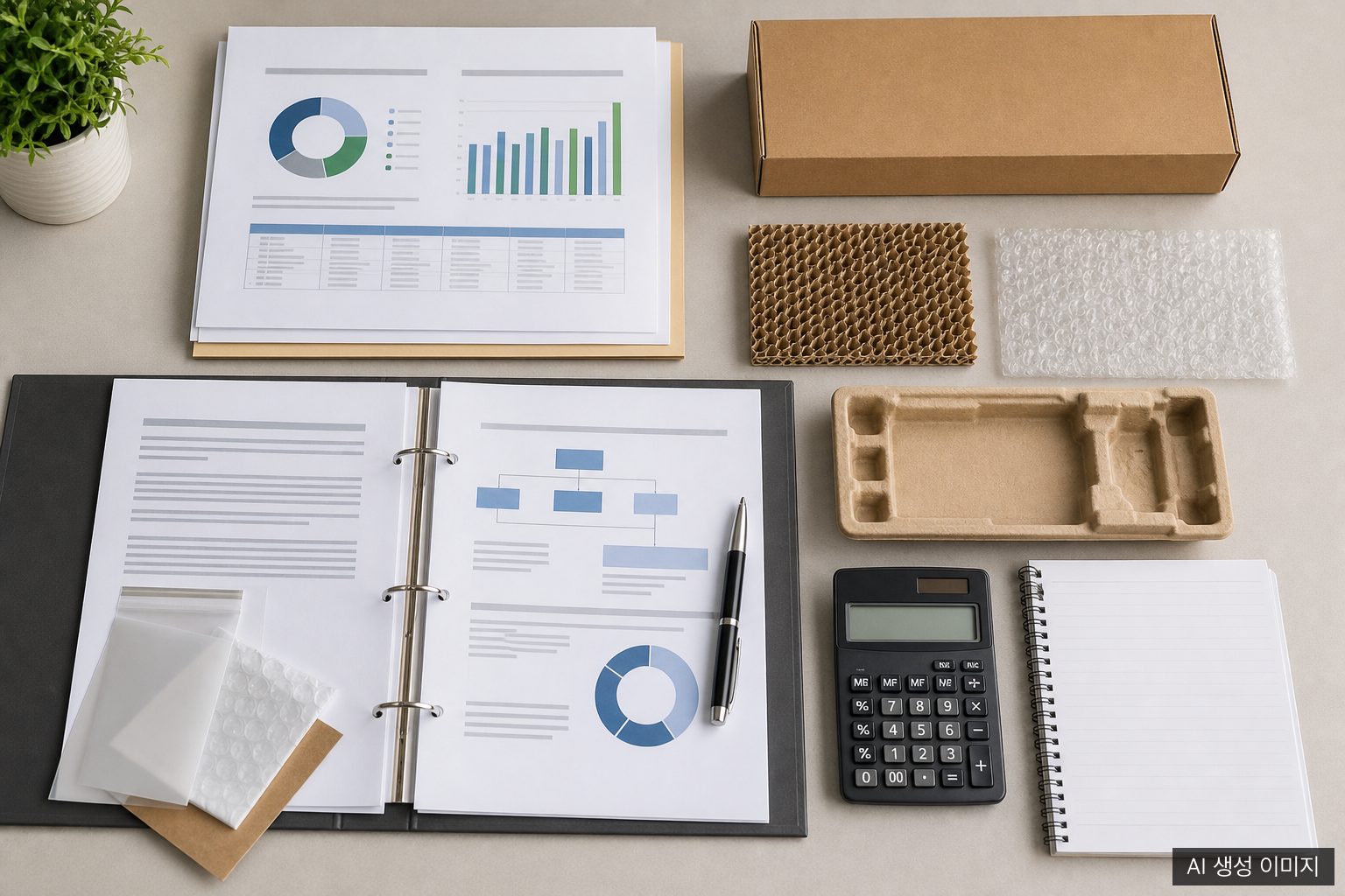 Practical workspace showing packaging reporting data and regulatory documents under review