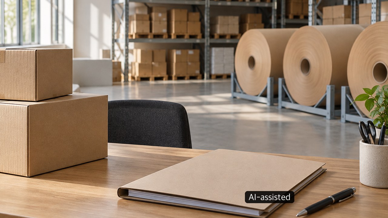Conceptual, nonspecific arrangement of corrugated cartons, kraft paper and a blank customs folder