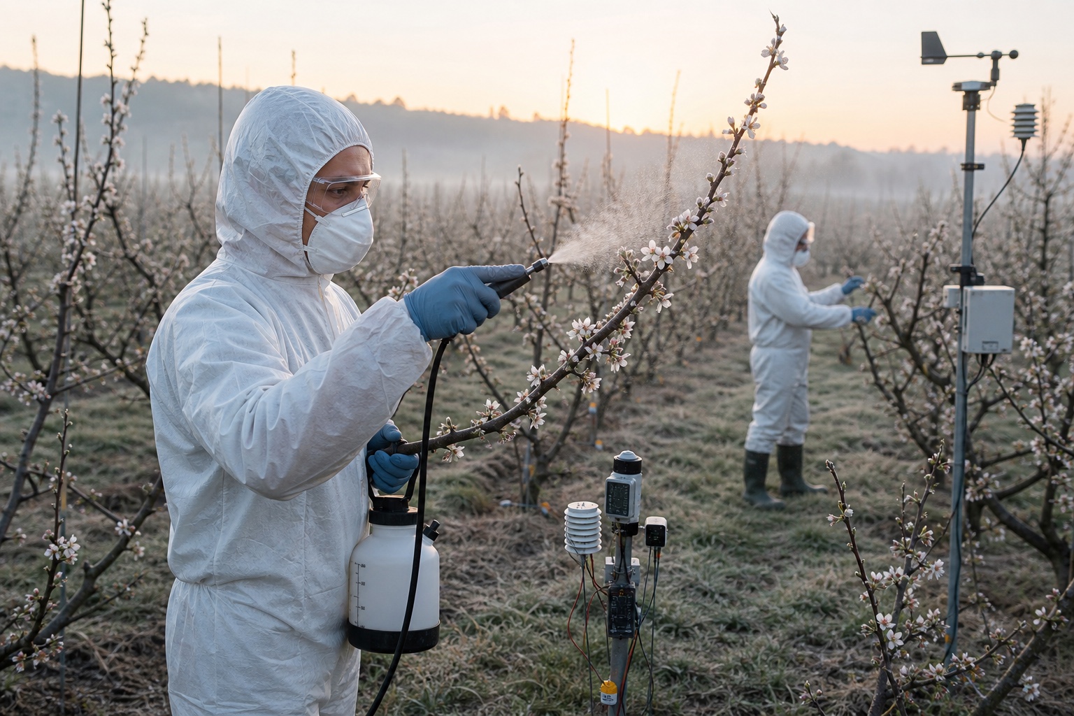 Researcher applying a cellulose freeze-protectant trial in a frosty orchard