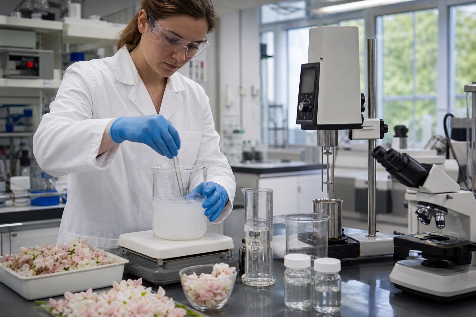 Researcher preparing a cellulose dispersion with fruit-blossom samples in a laboratory
