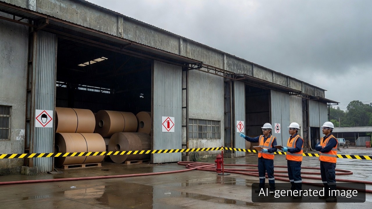 Illustrative industrial scene of a paperboard mill being assessed from outside a safe perimeter after a fire was brought under control
