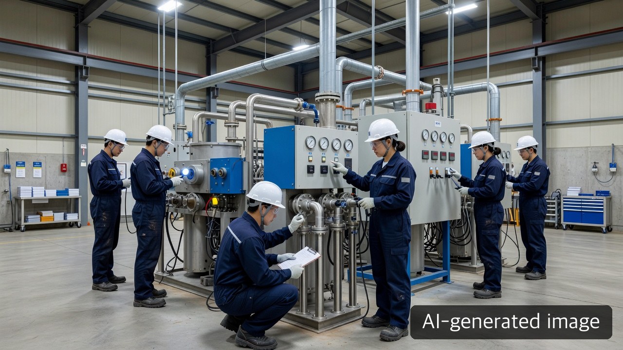 Engineers inspecting flue-gas treatment equipment and sampling points in a paper-mill energy plant