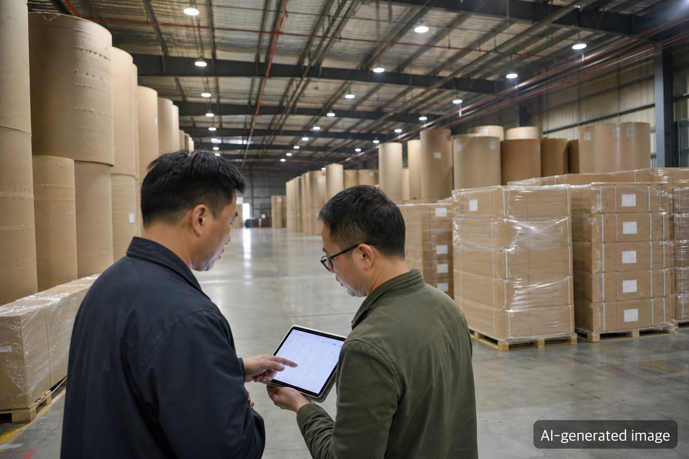 A procurement team reviewing Chinese corrugated paper prices and a Korean export box quotation