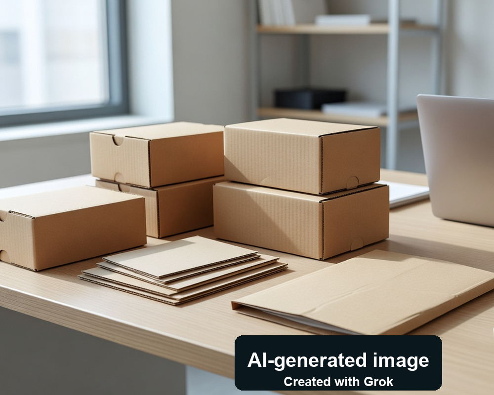 AI-generated photoreal scene of generic export-carton samples on an office desk; not the Asan event