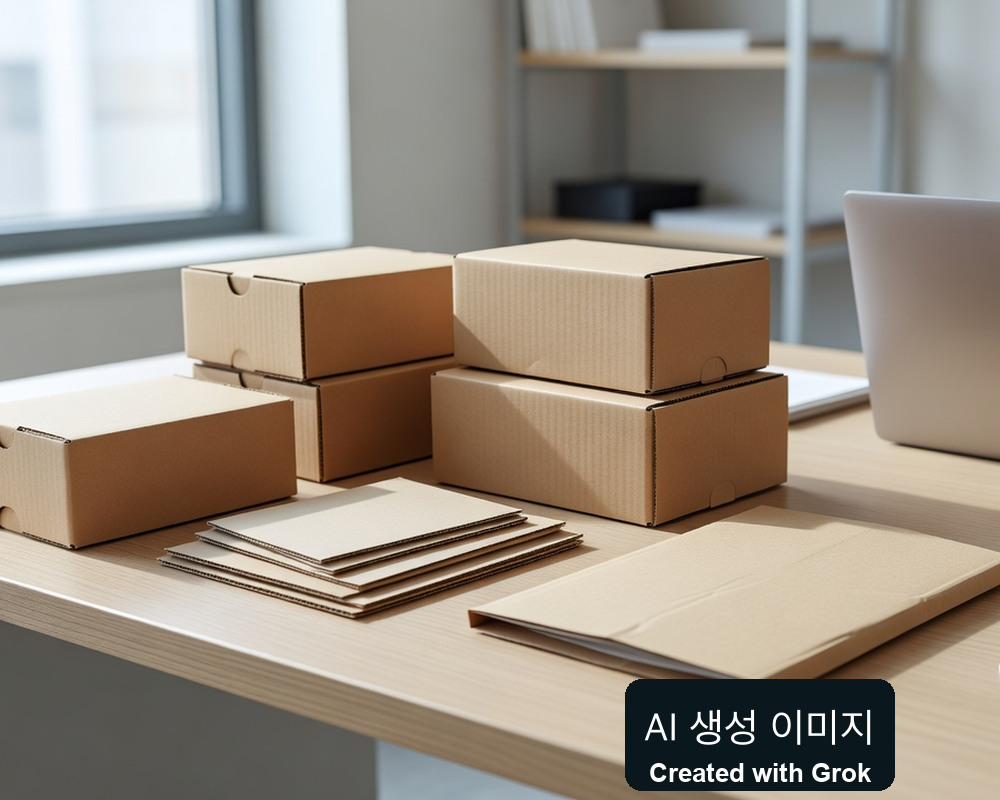 AI 생성 실사풍 재현: 수출 포장용 일반 종이상자 견본과 사무실 책상. 실제 아산 행사 사진 아님