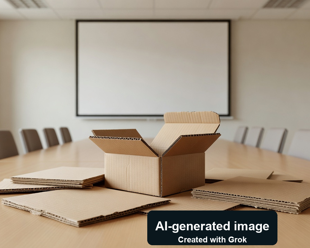 AI-generated photoreal scene of an empty meeting room with generic carton samples; not the actual Chungnam event