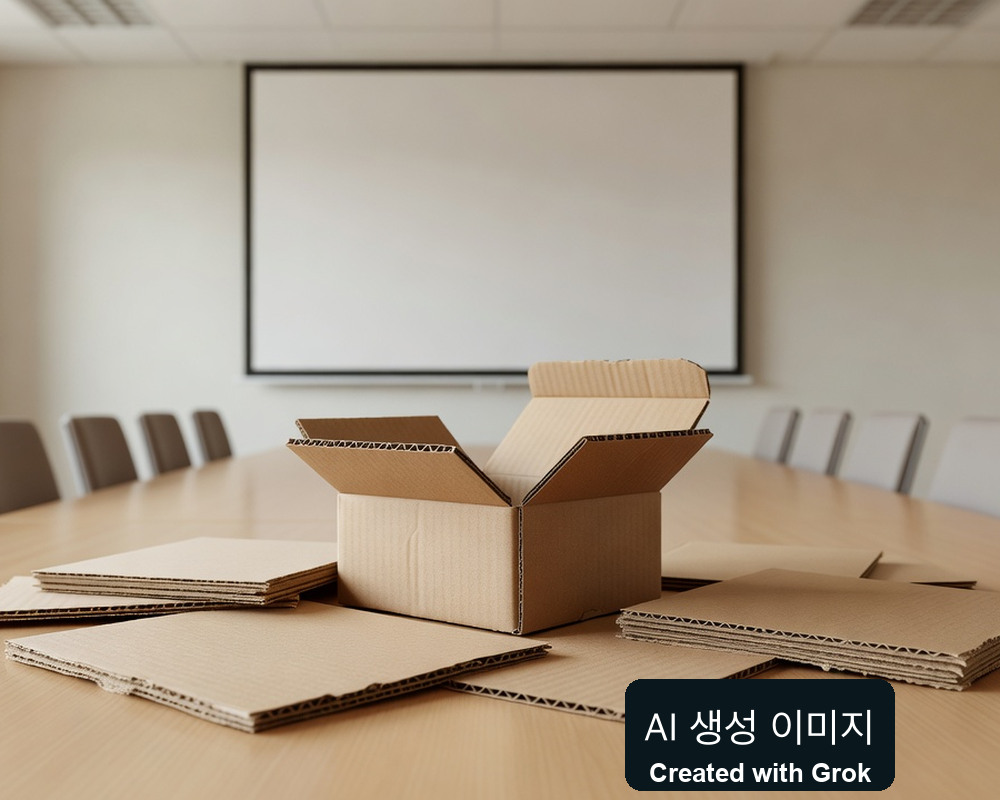 AI 생성 실사풍 재현: 빈 회의실의 일반 포장재 견본. 실제 충남 행사장·개최 기록 아님