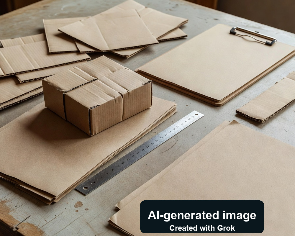 AI-generated photoreal scene of carton and paperboard samples with blank forms; not PPWR approval documents