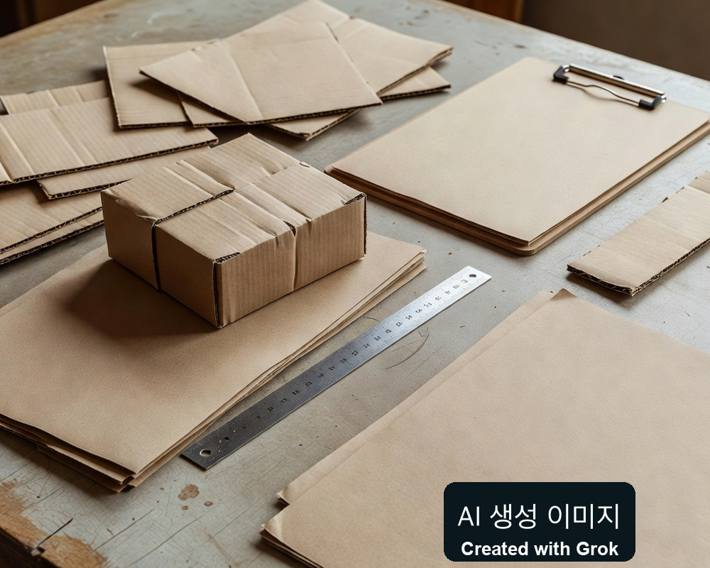 AI 생성 실사풍 재현: 상자 견본·종이판·빈 서류와 자를 놓은 준비대. PPWR 적합 인증 자료 아님