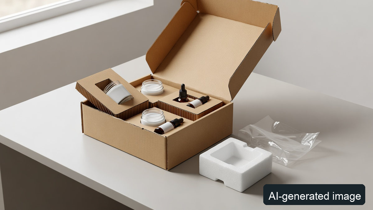 AI-generated illustrative paper gift carton beside separate paper, EPS and film parts; not an actual inspected product or tested pack