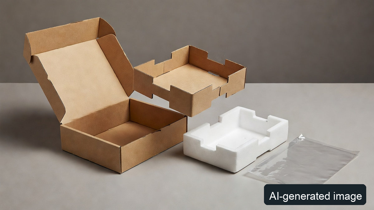 AI-generated illustrative paper carton with separate protective parts and film, not a photograph of the reported gift sets