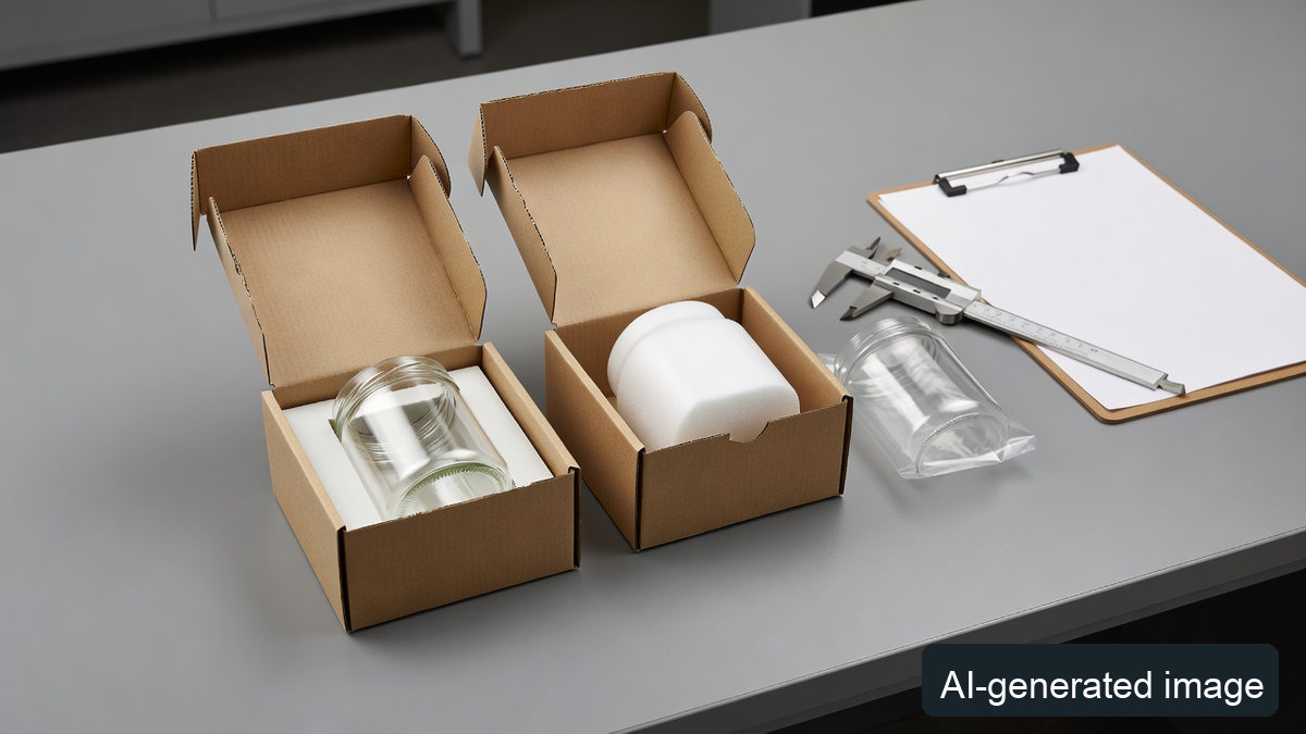 AI-generated illustration of gift-carton prototypes on a workbench; no actual compliance or test result is shown