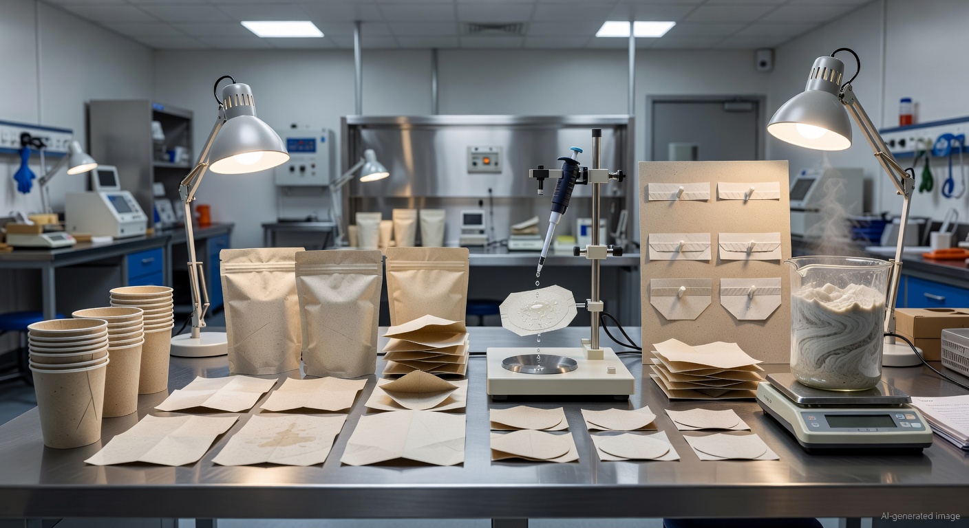 Barrier coated paper packaging samples and recyclability test tools on a laboratory bench